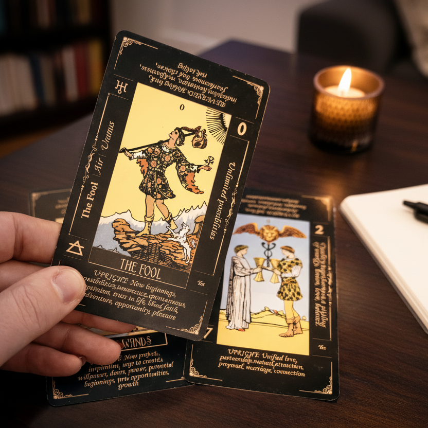 Person holding a tarot card with a candle and pentacle symbol in the background