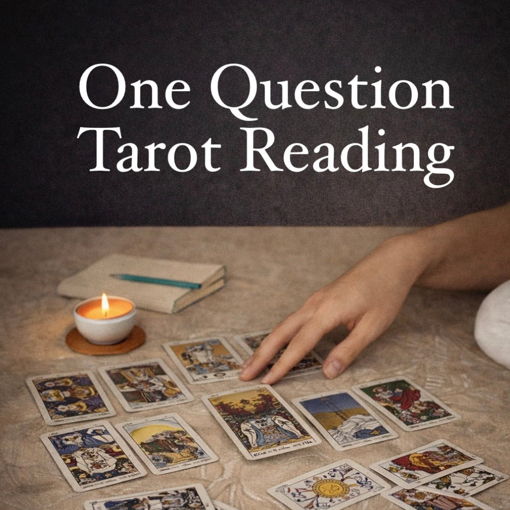 Tarot cards arranged on a table with a candle, and text about a one question tarot reading service.