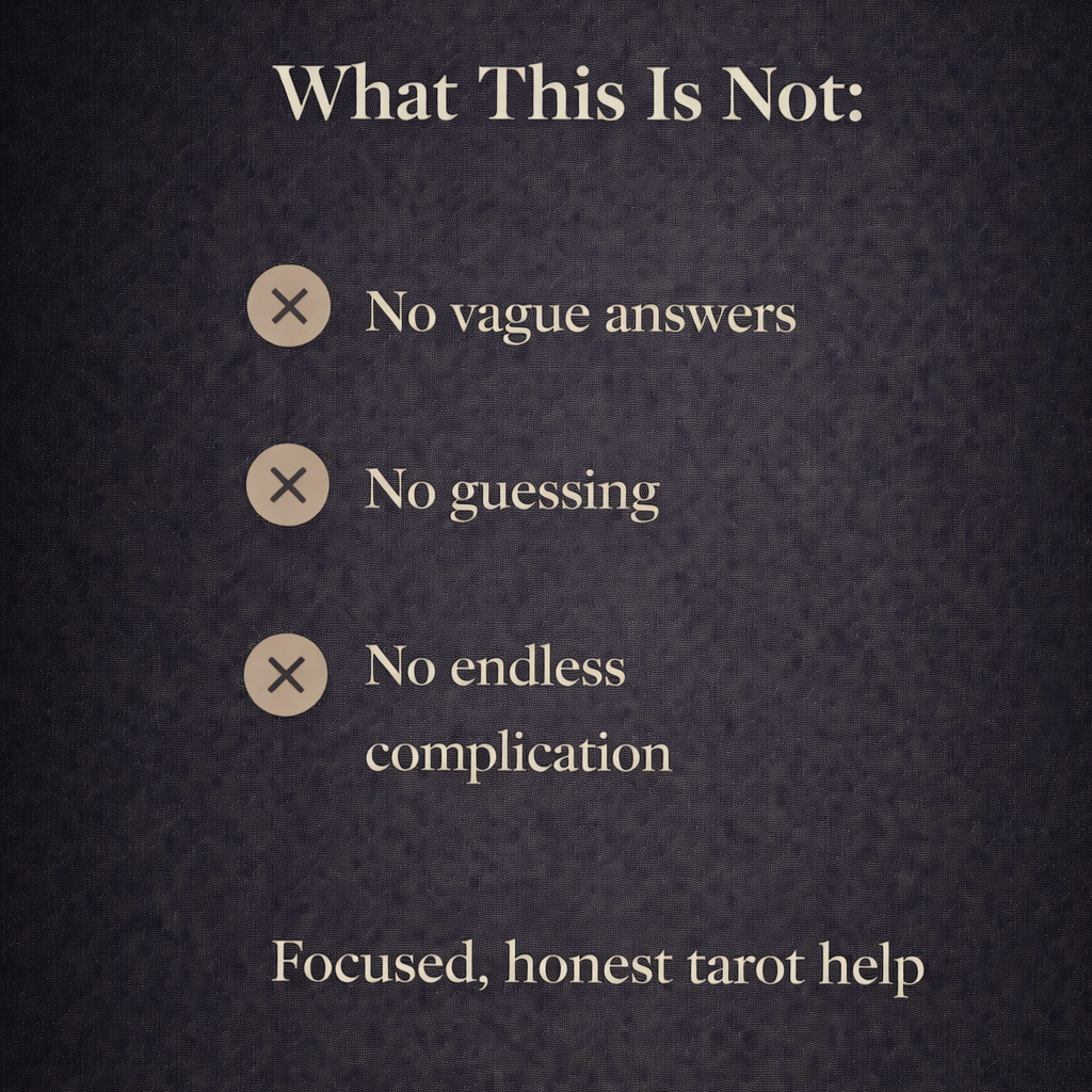 Text on a dark background stating what a tarot reading service does not offer.