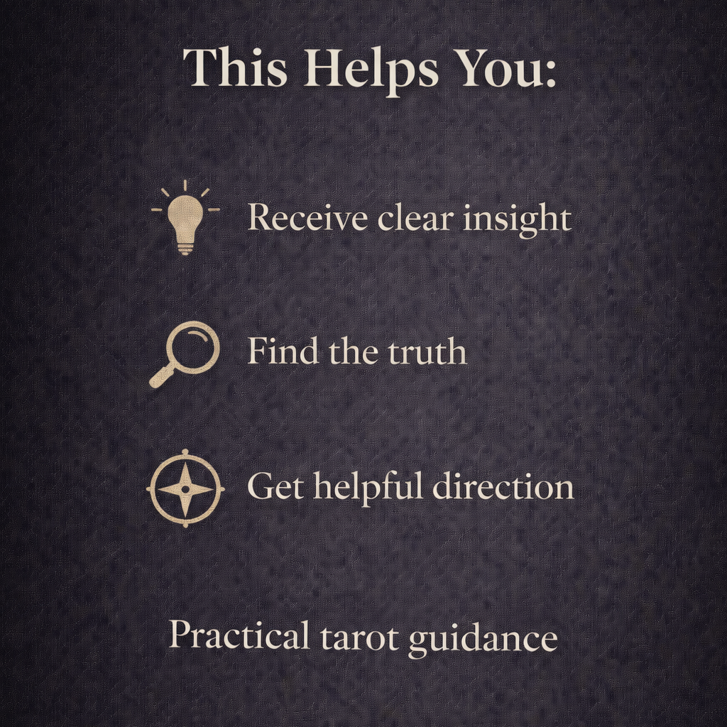 Text on a dark background with icons and text about tarot guidance.