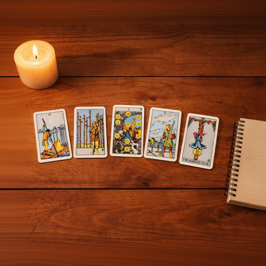 Five tarot cards on a wooden surface with a lit candle and notebook.
