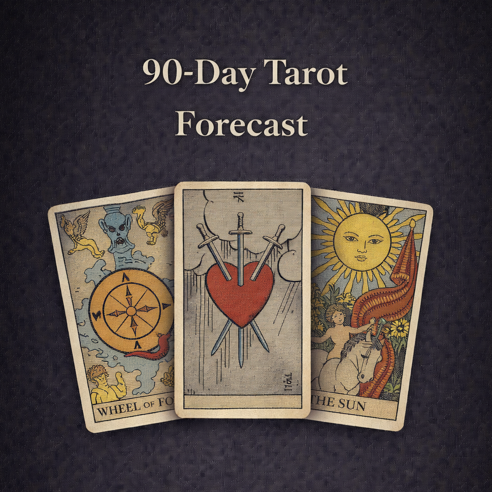 Three tarot cards on a dark background with text about a 90-Day Tarot Forecast.