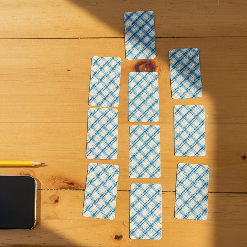 Blue checkered cards arranged in a pattern on a wooden surface