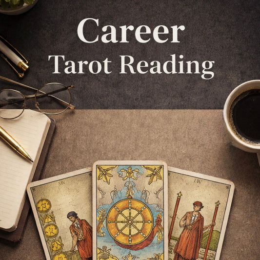 Tarot cards with a coffee cup, glasses, and notebook on a dark surface with 'Career Tarot Reading' text.