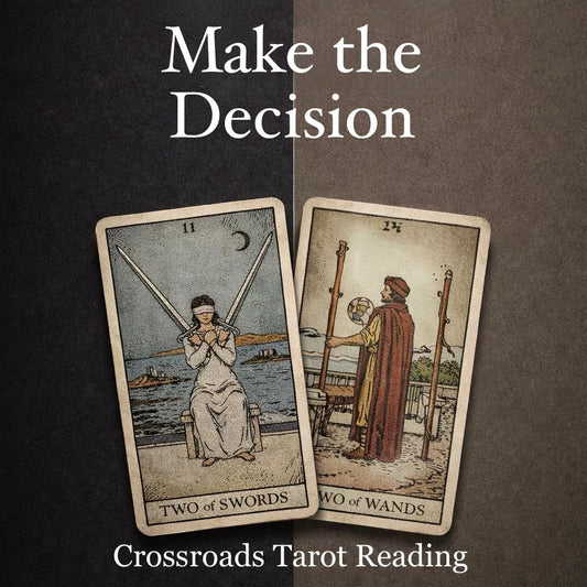 Two tarot cards titled 'Two of Swords' and 'Two of Wands' with text 'Make the Decision' and 'Crossroads Tarot Reading'.