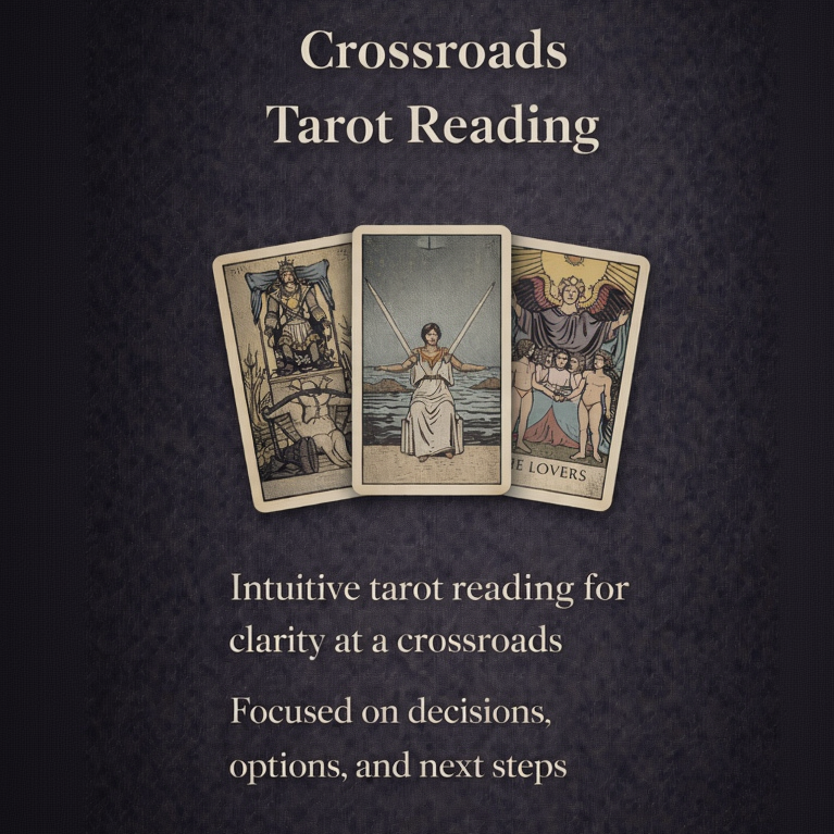 Three tarot cards on a dark background with text about intuitive tarot reading.