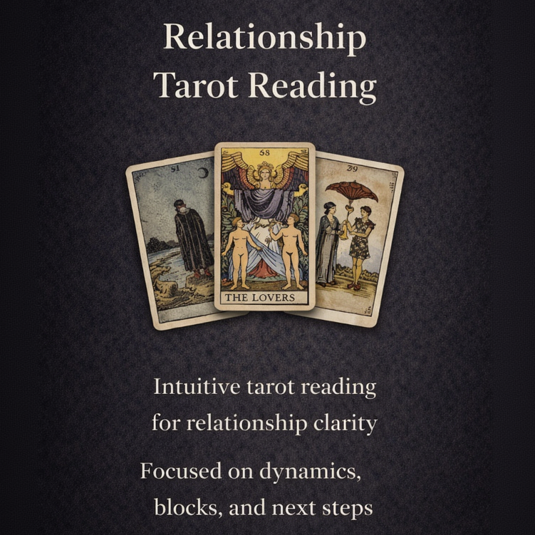 Three tarot cards with 'The Lovers' card prominently displayed on a dark background, accompanied by text about relationship tarot reading.