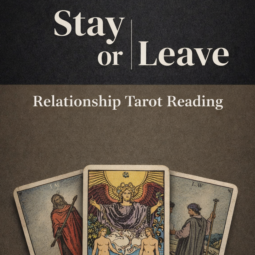 Three tarot cards with 'Stay or Leave' text on a dark background