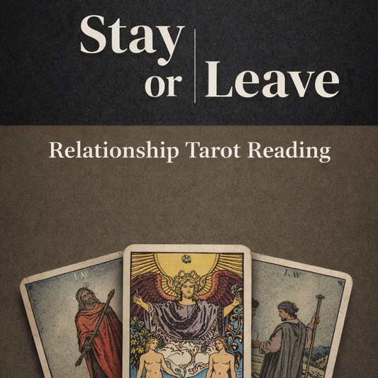 Three tarot cards with 'Stay or Leave' text on a dark background
