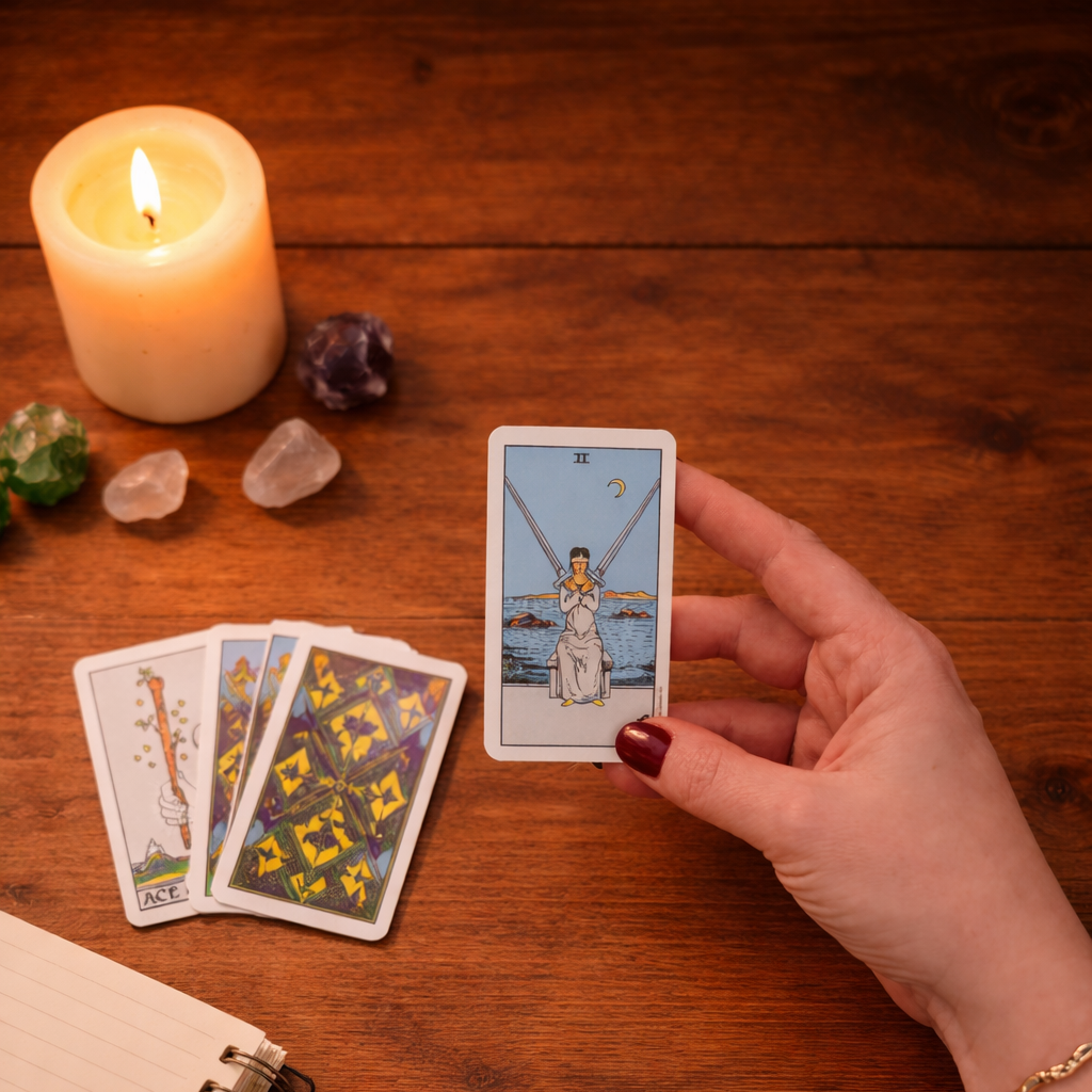 Hand holding a tarot card over other cards on a wooden table with a lit candle and crystals.