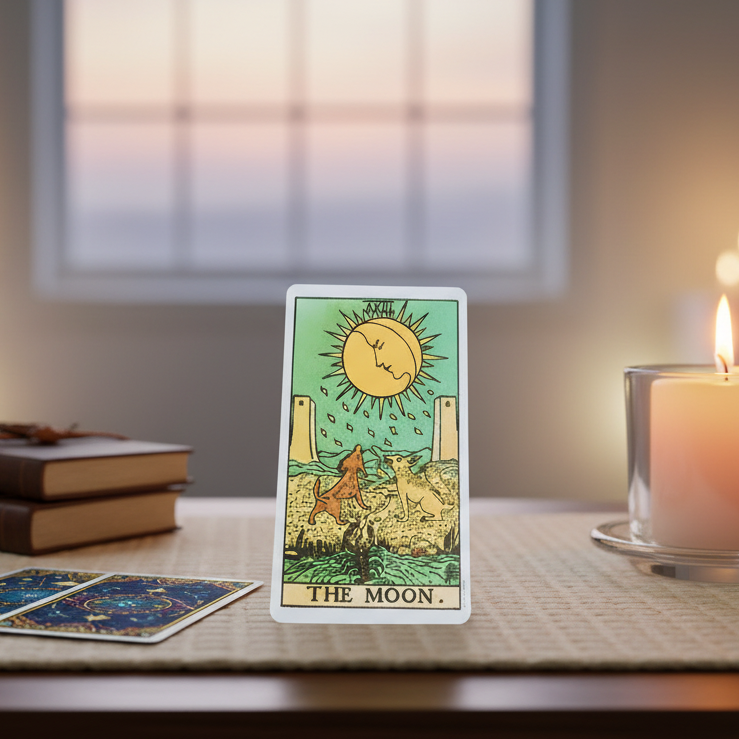 Tarot card titled 'The Moon' on a table with a candle and books in the background.