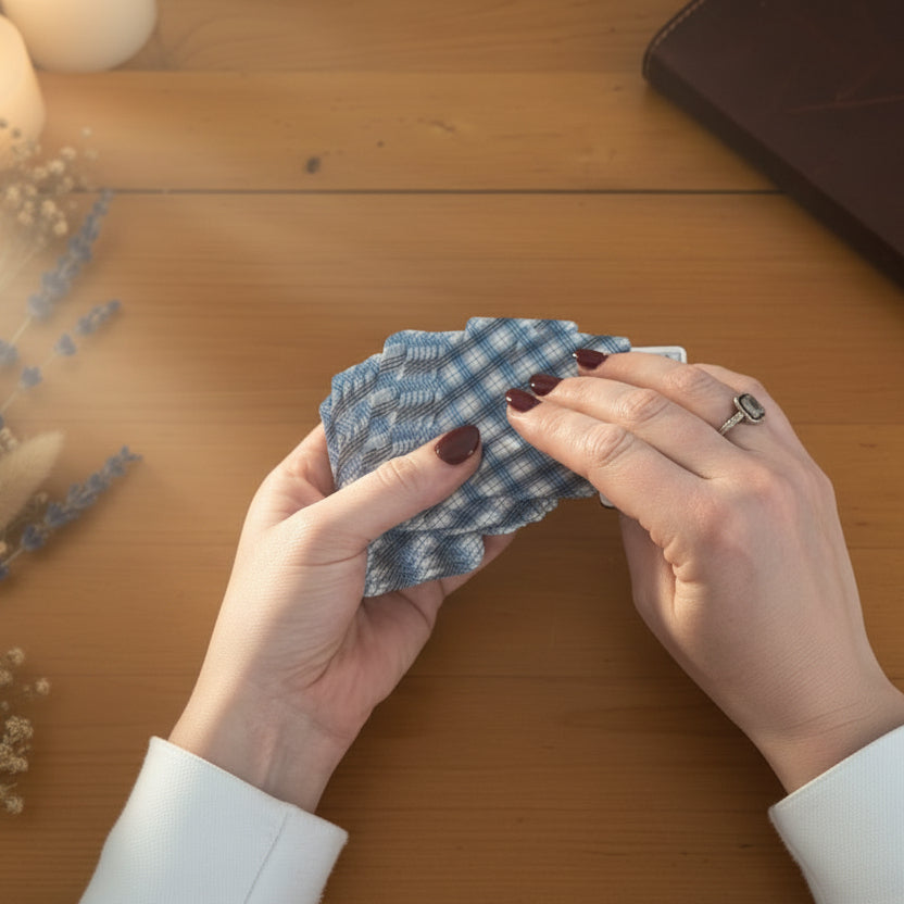 Hands holding a stack of blue and white checkered fabric against a wooden background