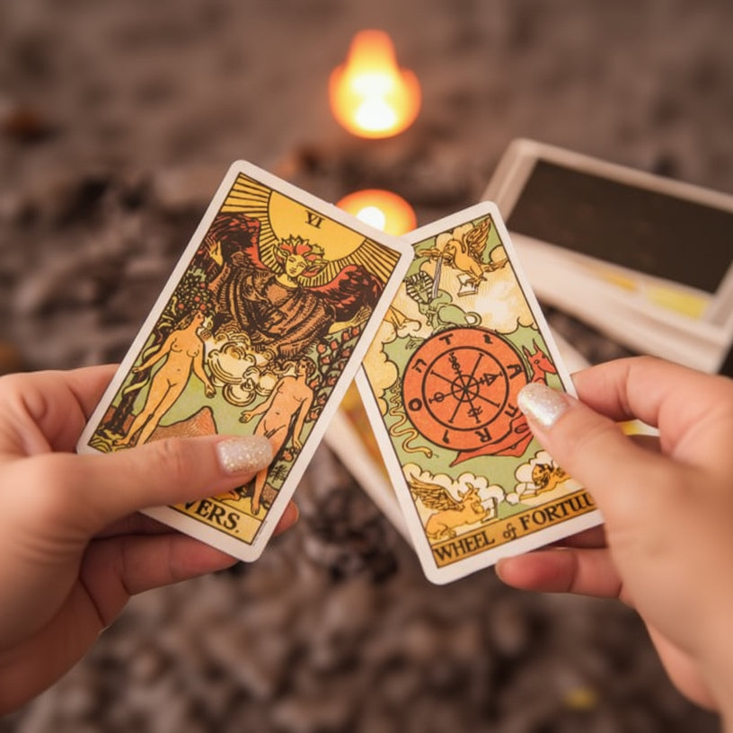 Two tarot cards held by hands with a blurred background