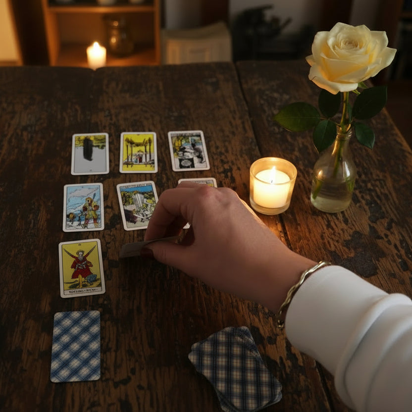 Hand arranging tarot cards on a wooden surface