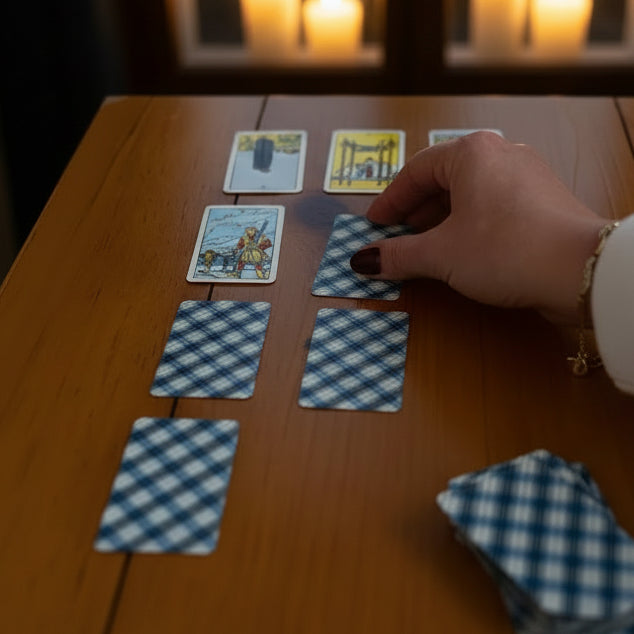 Hand arranging tarot cards on a wooden surface