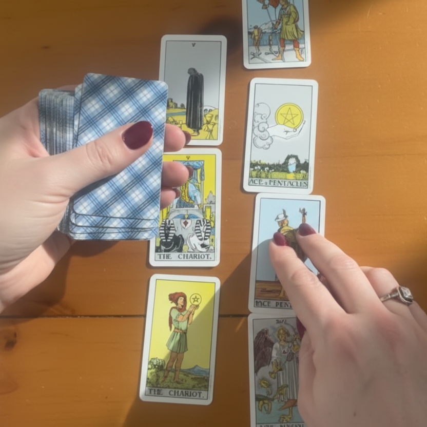 Person holding tarot cards on a wooden surface with various tarot card illustrations.